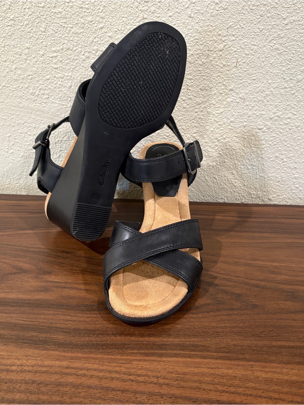 Black Leather Crisscross Wedge Sandals - Women's Comfort Heels